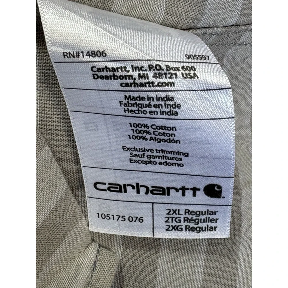 Carhartt Men's 2XL Shirt Gray Strips Button Down Workwear Loose Fit Short Sleeve